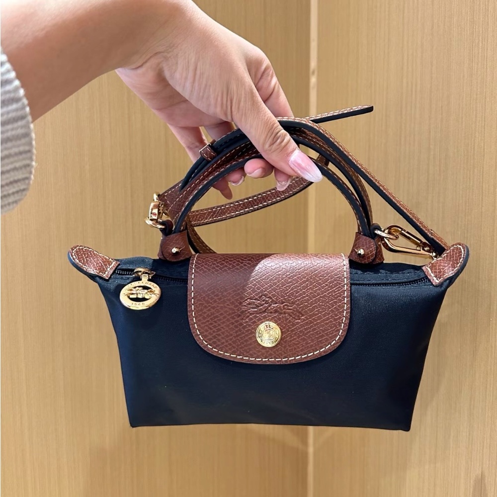 Longchamp Mini Le Pliage Navy Canvas Crossbody Tote Bag Brown Leather Trim
